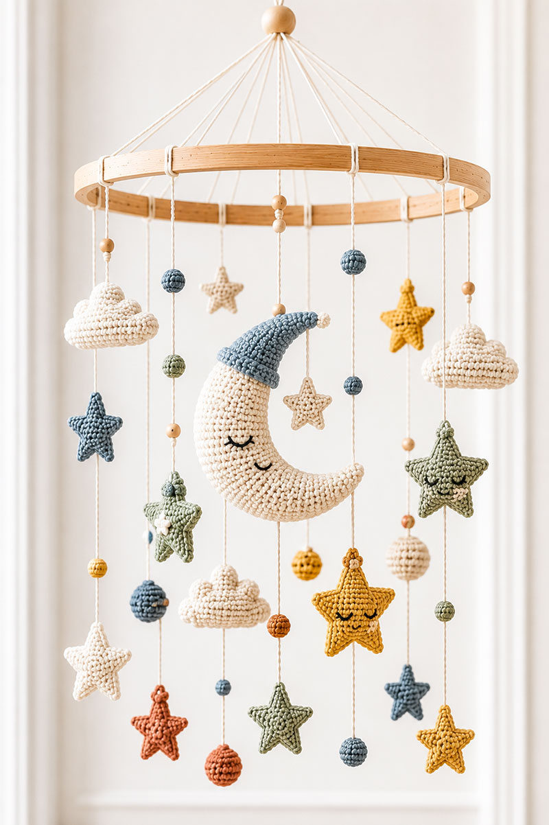 Moon and star crochet baby mobile with handmade celestial pieces displayed in a nursery