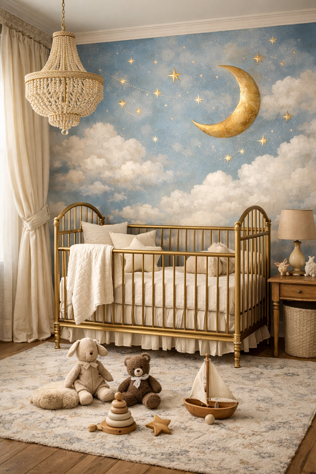 Celestial nursery wall mural with blue sky clouds, gold stars, crescent moon, and a burnished gold metal crib