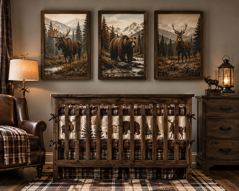 Moose nursery decor with woodland animal wall art and rustic cabin style baby room