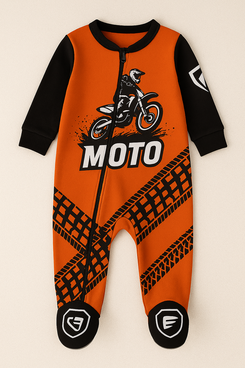 Motocross baby sleeper in orange and black with dirt bike graphic