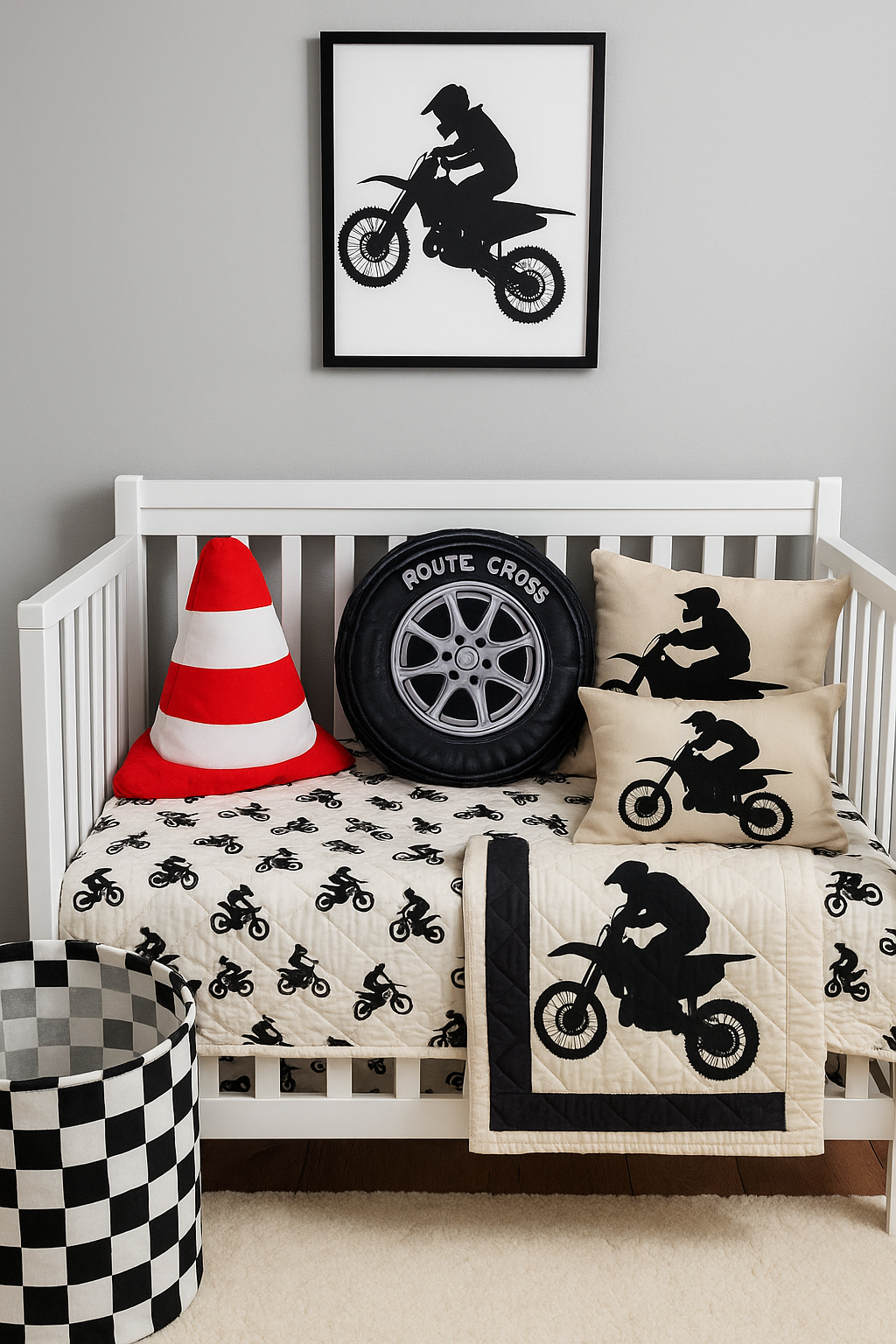 Motocross crib bedding with racing pillows and bold wall art