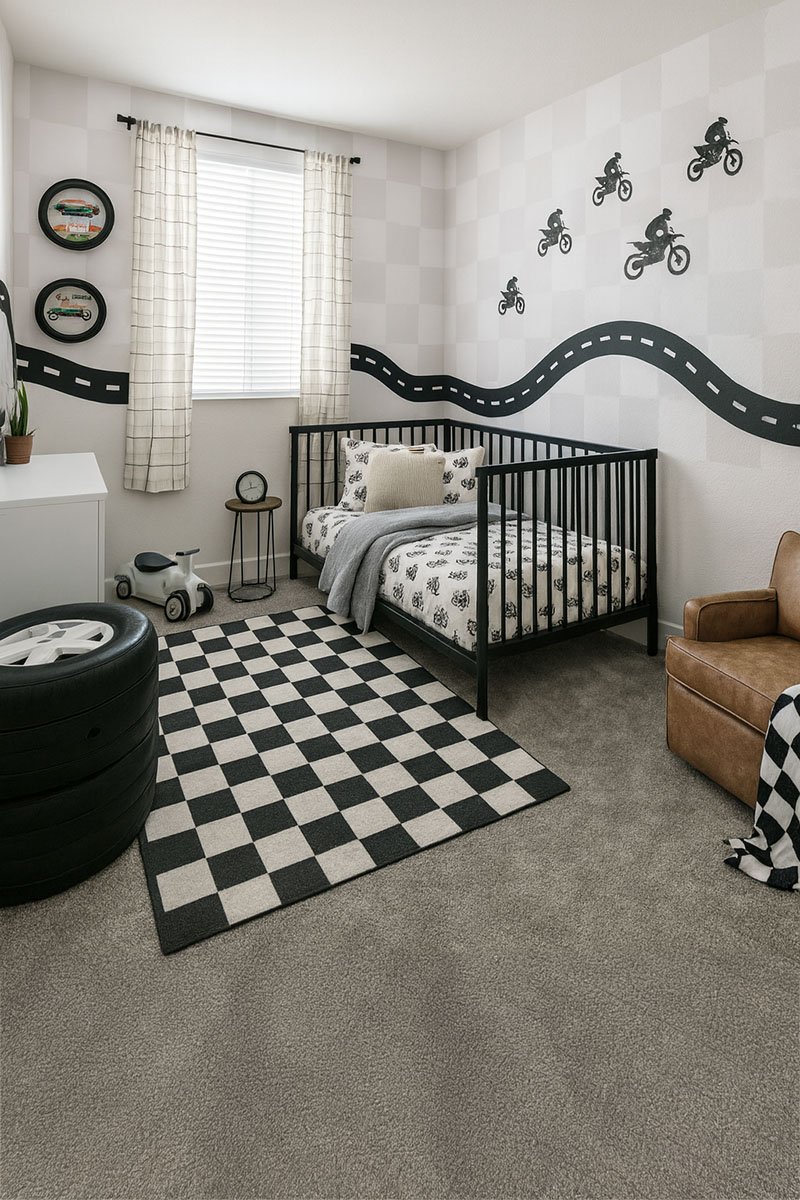 Motocross nursery with black crib, plaid curtains, dirt bike wall decals and cozy nursery chair