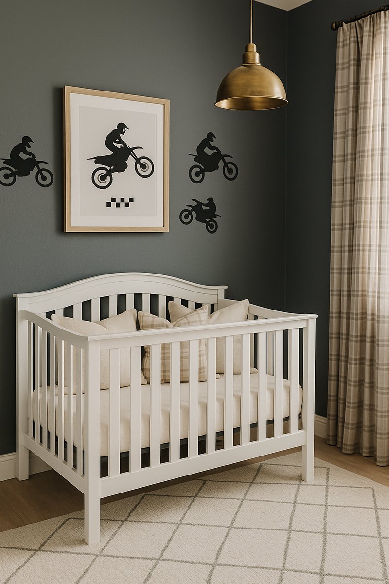 Soft motocross nursery with white crib, plaid pillows, brass pendant light and minimal dirt bike decals