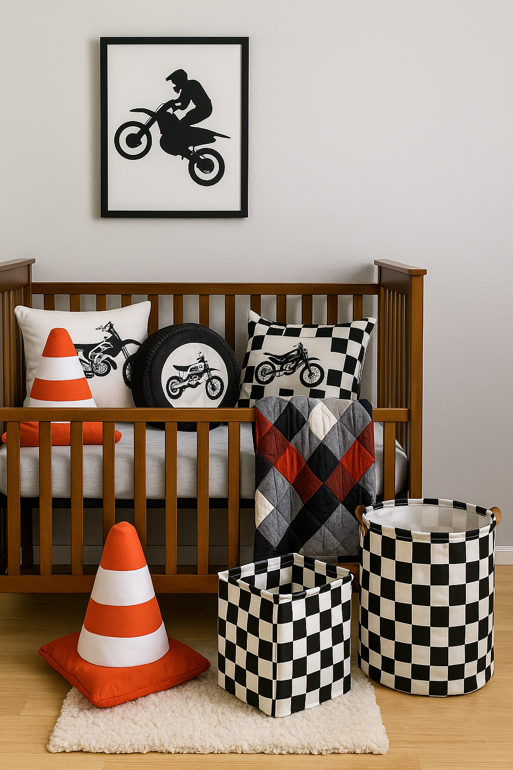 Motocross nursery with checkered storage baskets and race-inspired decor