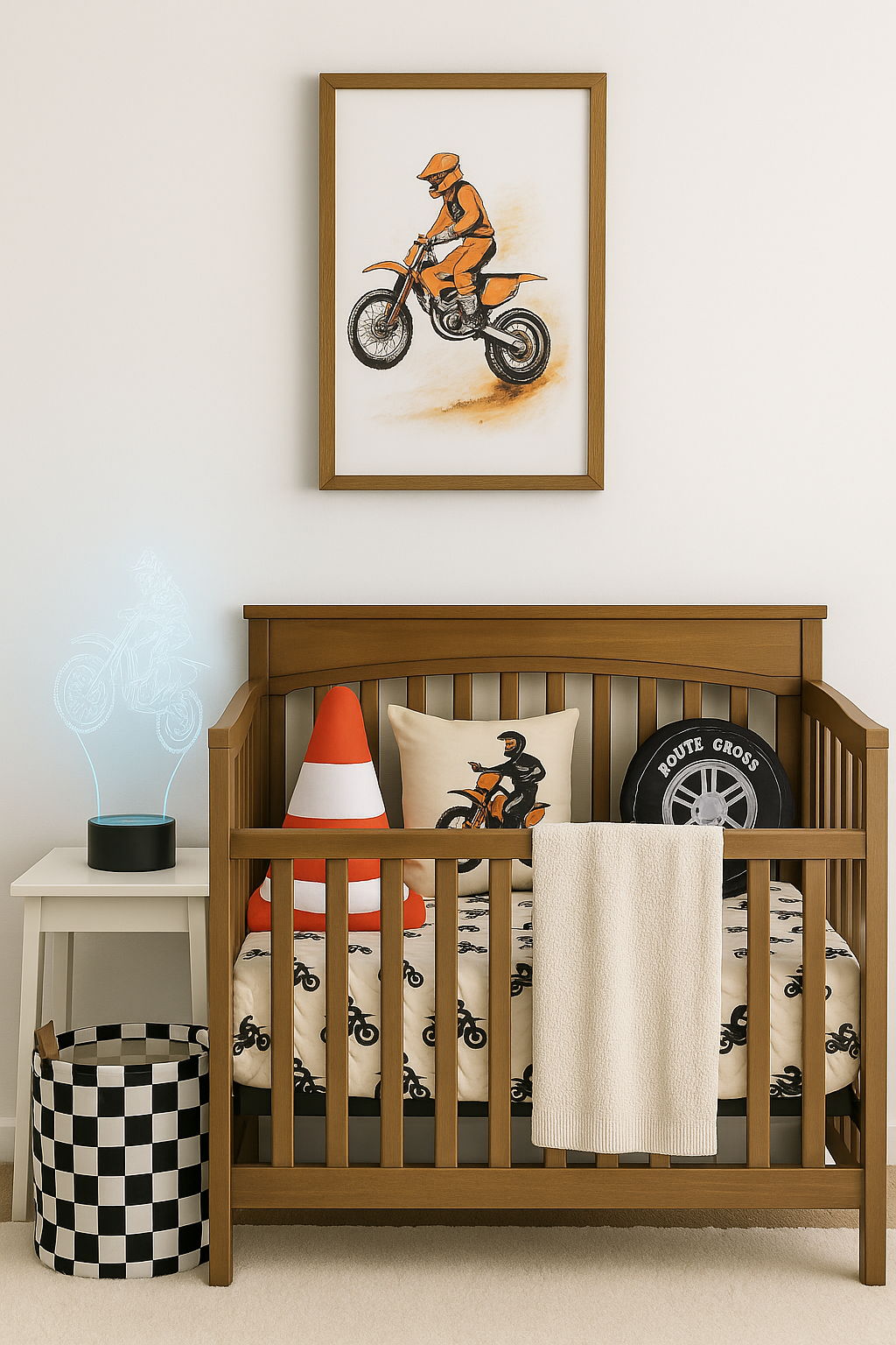 Motocross theme nursery with dirt bike wall art and racing-inspired decor