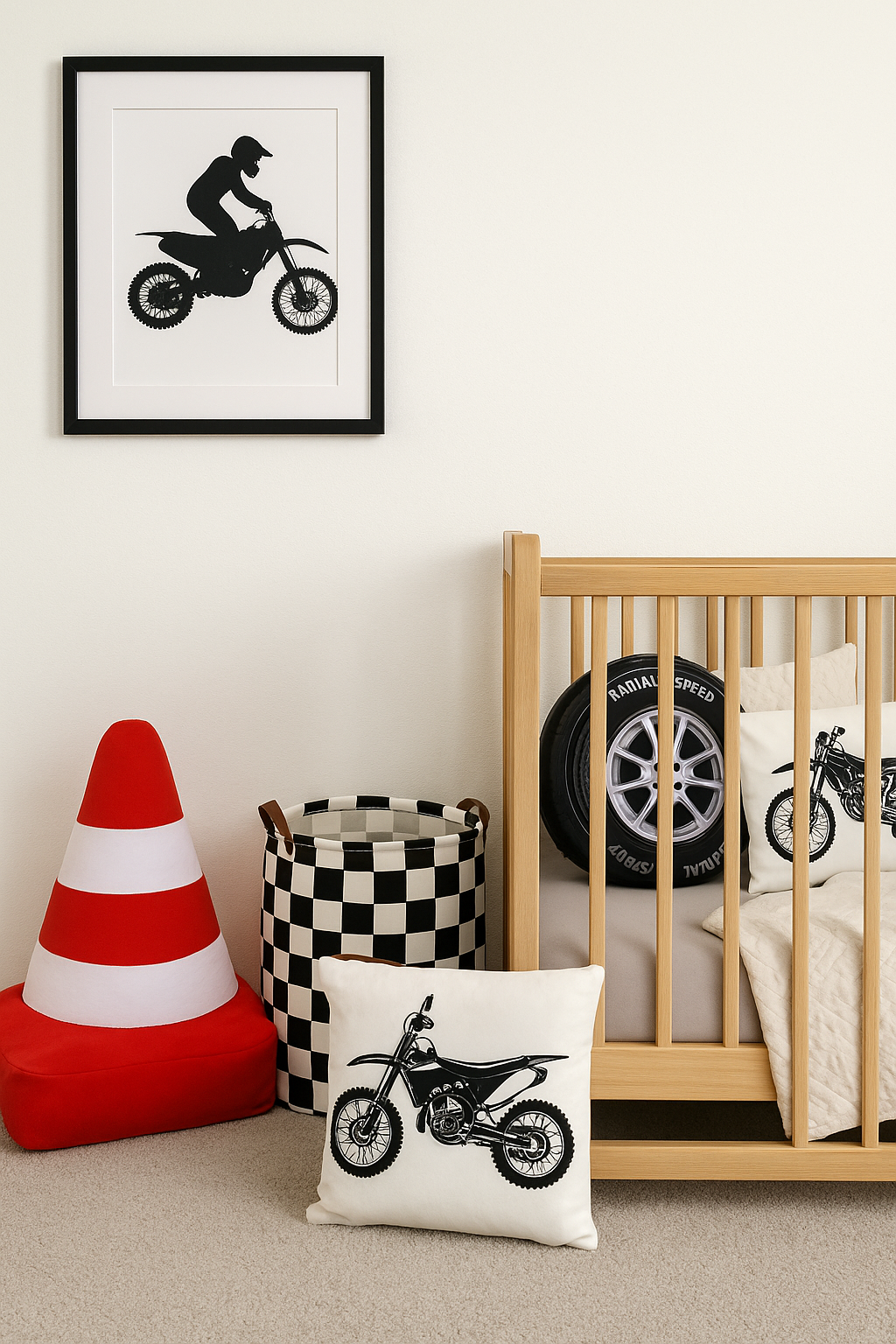 Motocross nursery with framed riding silhouette, traffic cone pillows, and racing room decorations