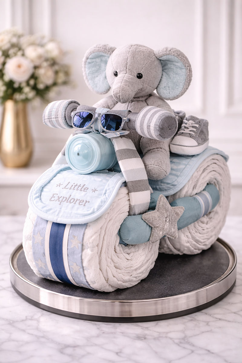 Elephant biker motorcycle diaper cake baby shower centerpiece shaped like a bike