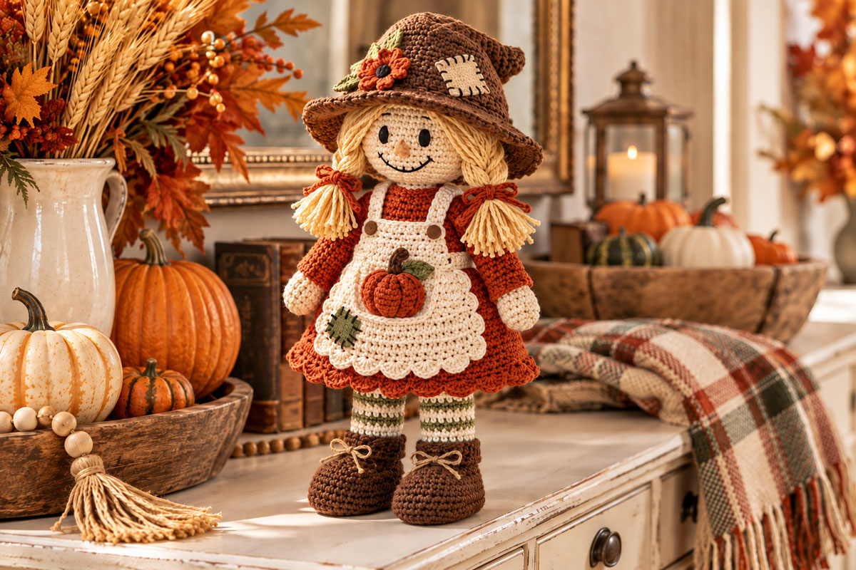 Mrs. Scarecrow crochet doll shown at a three-quarter angle with cream scalloped apron centered pumpkin pocket olive patch striped legs and brown boots