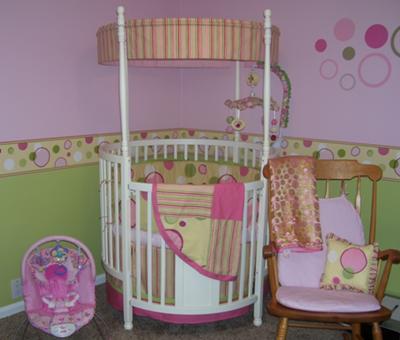 Yellow, Pink and Lime Green Baby Girl Nursery with Round Crib Bedding 