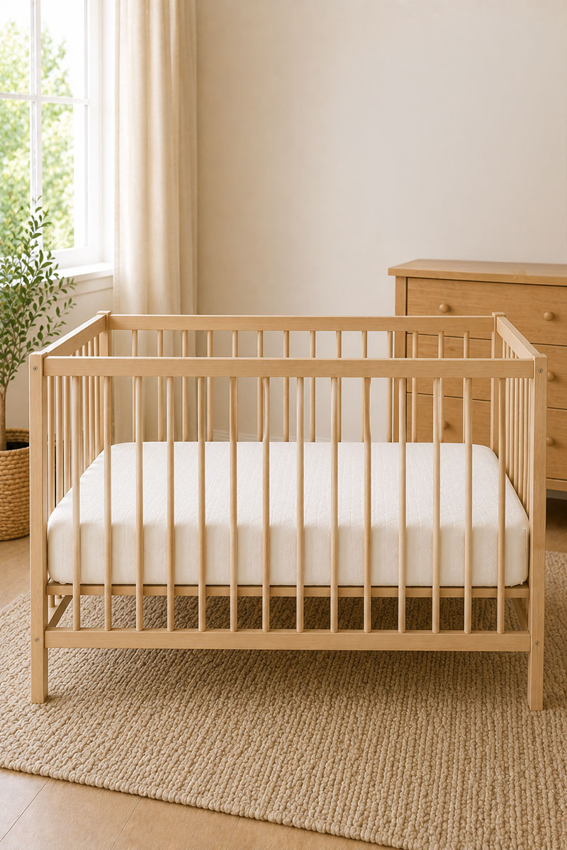 Naturepedic organic breathable crib mattress in a neutral nursery with firm flat sleep surface
