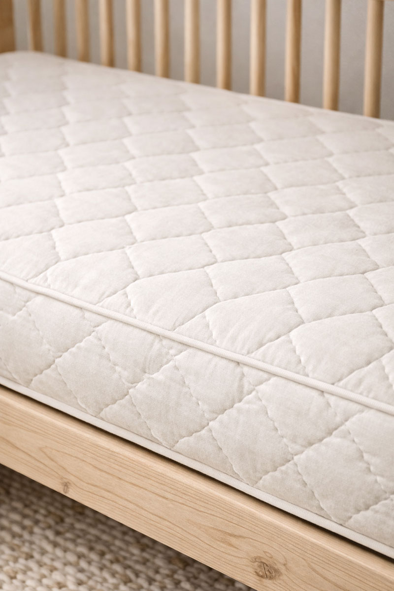 Close up of quilted organic cotton crib mattress surface showing firm structure