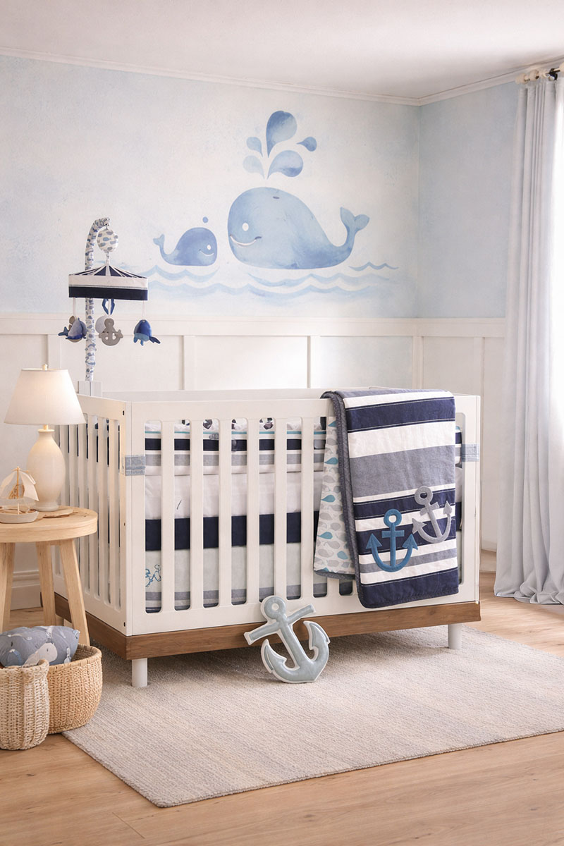 Blue baby boy nautical sailboat nursery theme decorating ideas bedding and wall decor