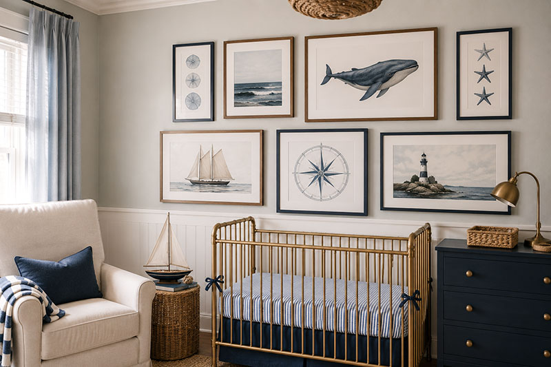 Nautical gallery wall with sailboat and whale nursery pictures