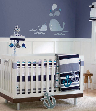 Blue baby boy nautical sailboat nursery theme decorating ideas  bedding and wall decor