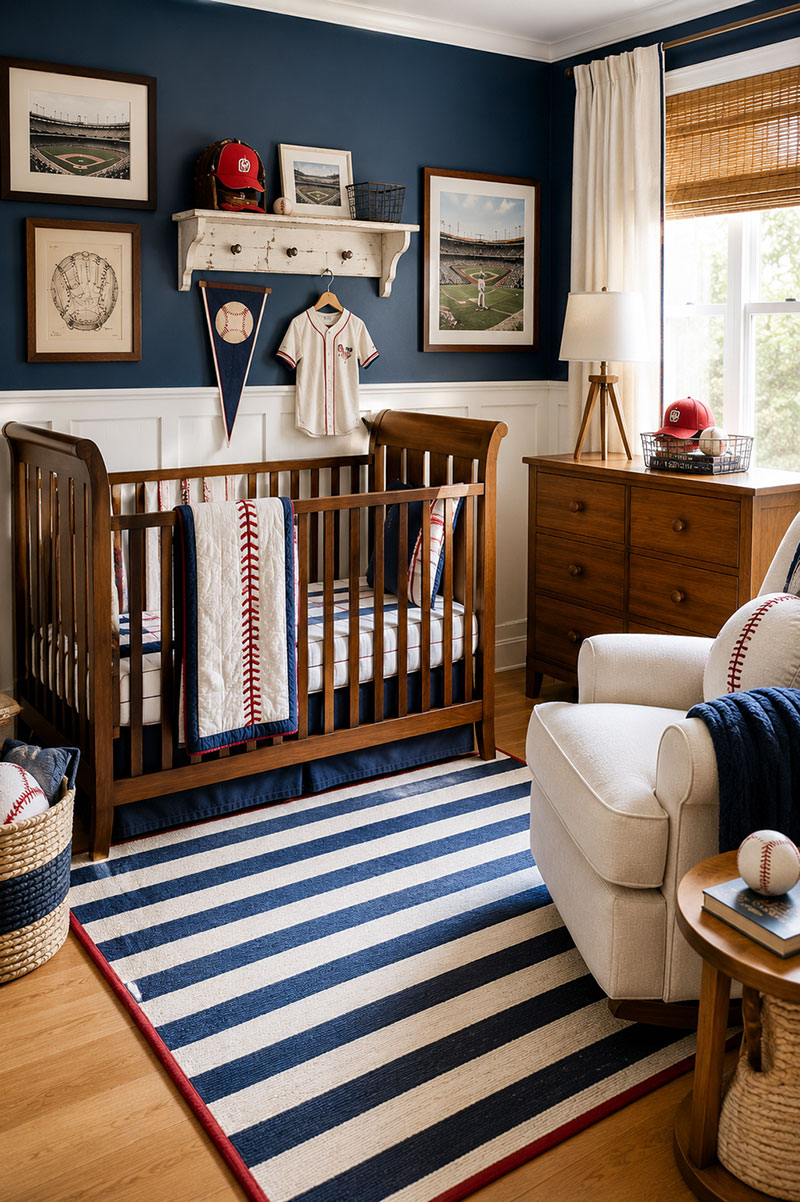 Navy baseball nursery with walnut crib, framed baseball art, and vintage sports inspired decor