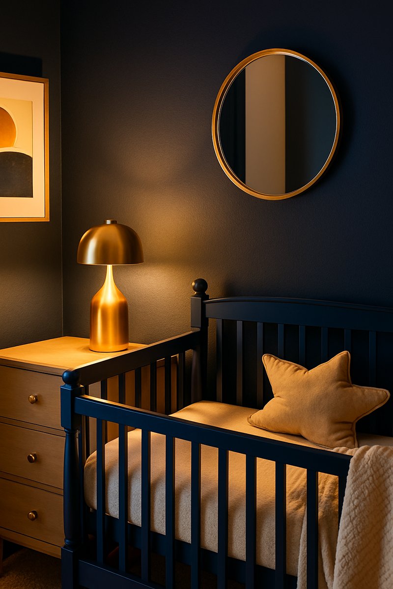 Navy blue nursery with gold lighting accents and warm ambient glow