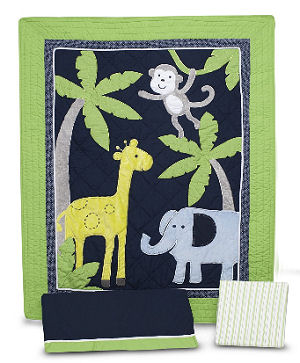 Lime green and navy blue jungle safari baby nursery crib bedding set with monkeys and giraffes quilt applique