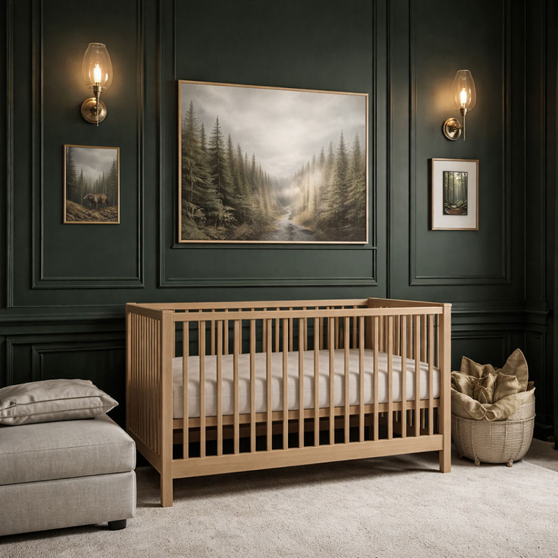 Neutral baby nursery with forest green paneled walls, light wood crib, serene woodland artwork, and brass wall lamps