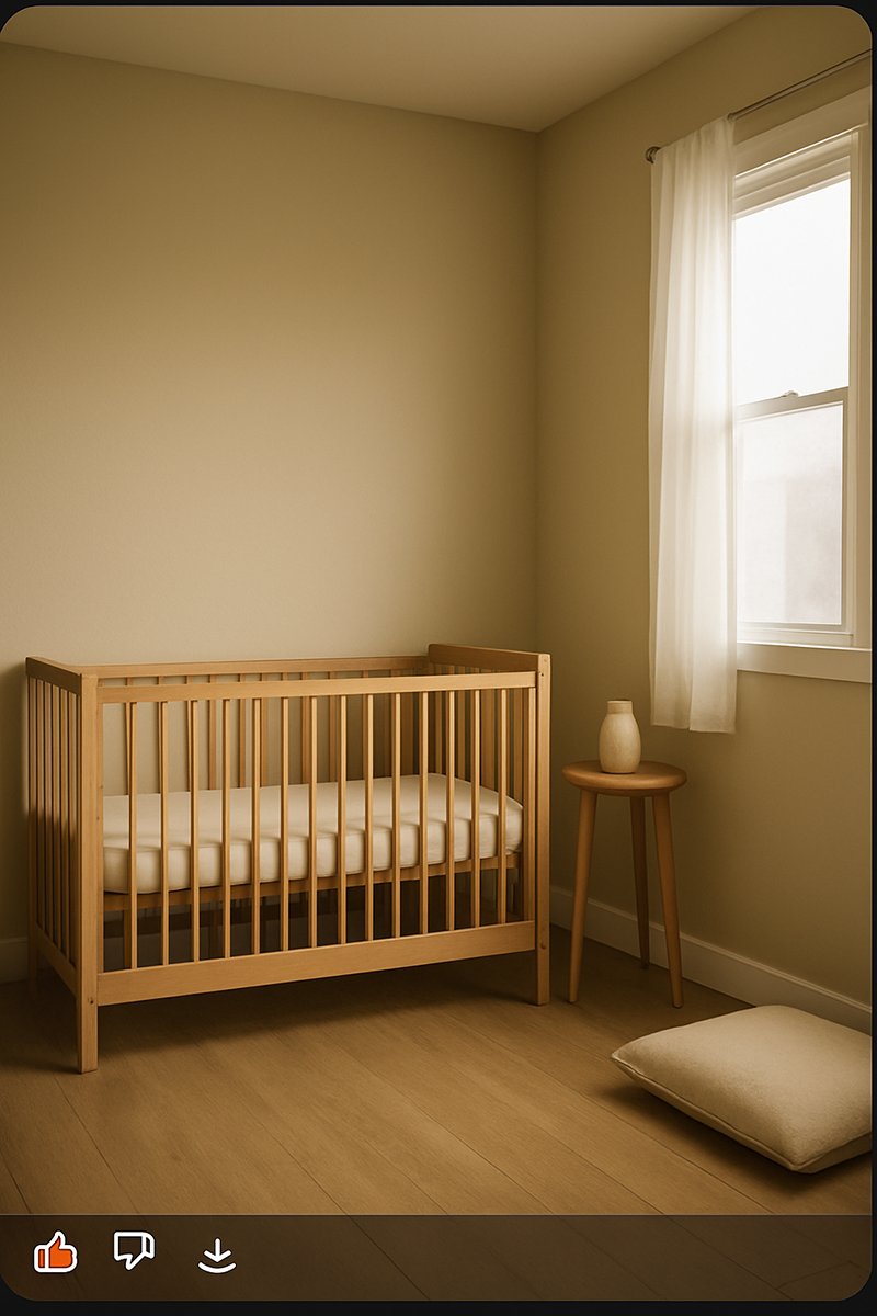 Before photo of a neutral baby nursery makeover showing a plain beige room with an empty crib and no wall decor