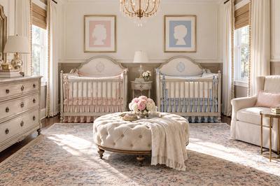 Elegant neutral boy and girl twins nursery design in beige, brown, tan and antique white