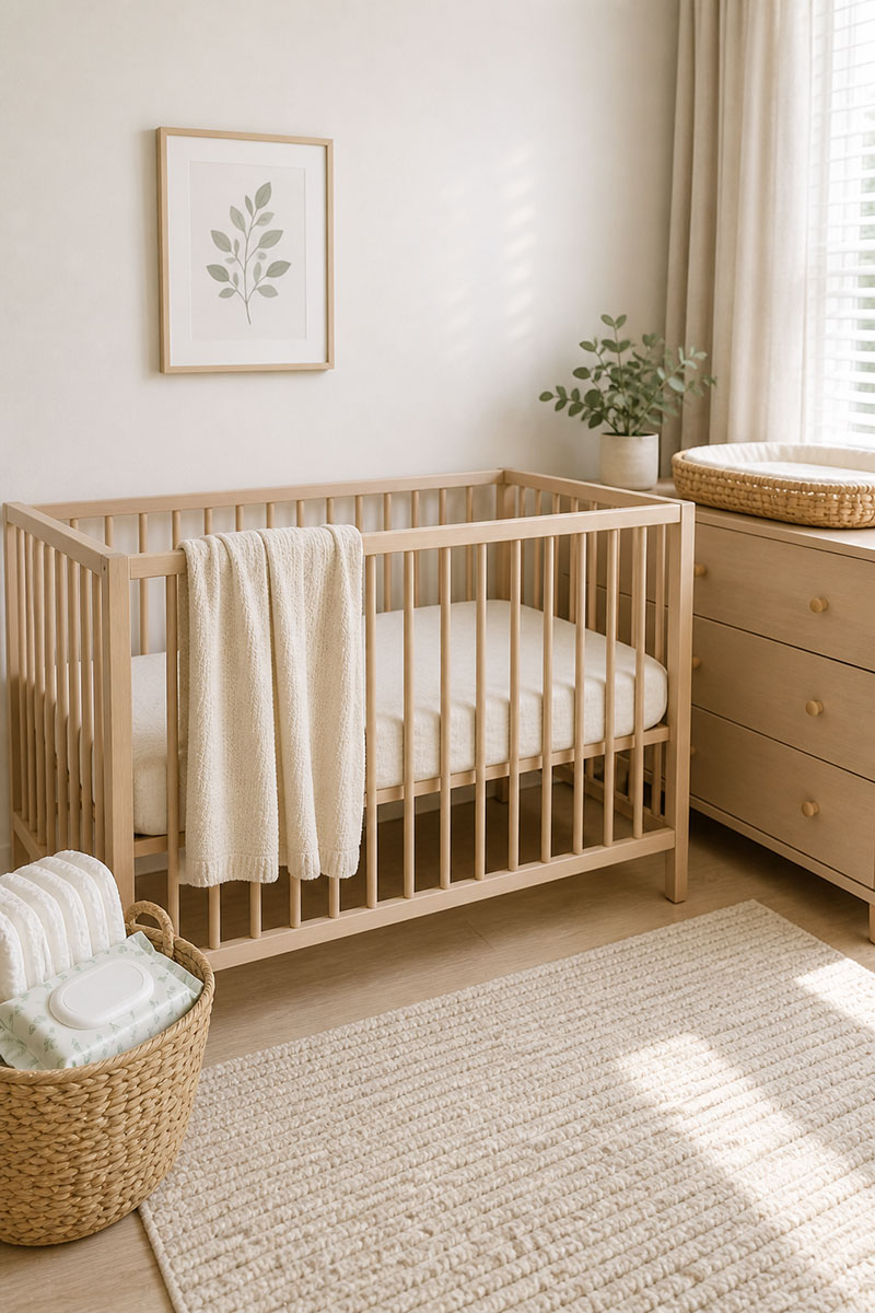 Neutral nursery crib setup with fitted mattress and simple bedding