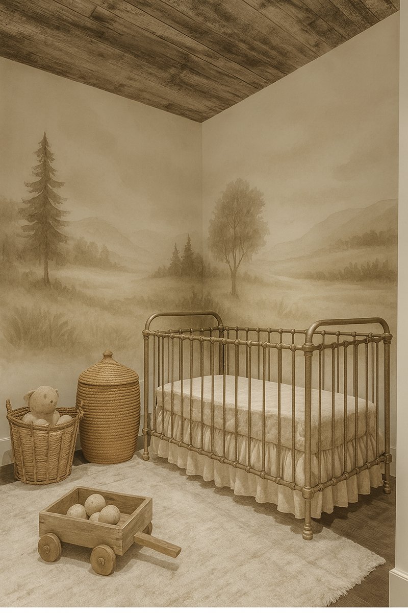 Neutral landscape baby nursery mural with mountains and hills