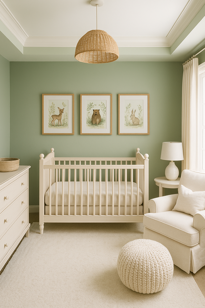neutral baby nursery with soft sage green walls warm wood crib and cozy gender neutral decor