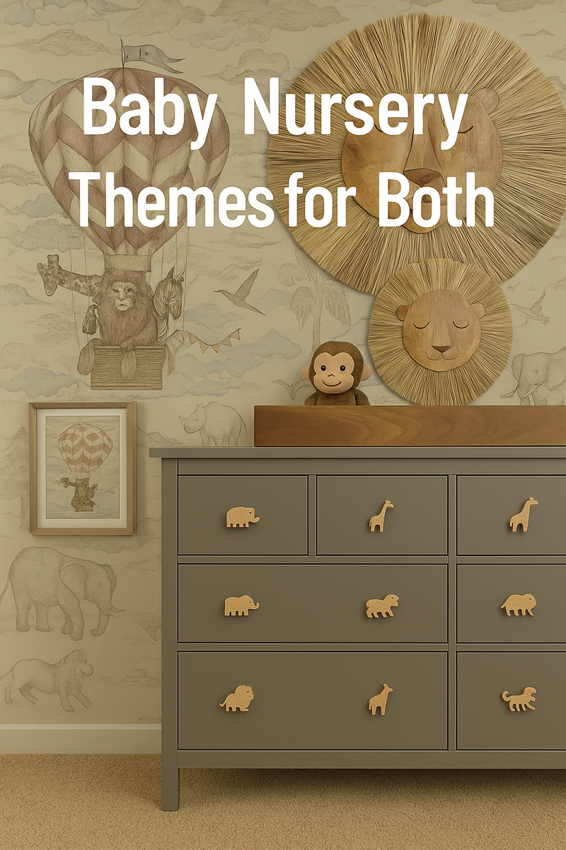 Gender-neutral safari nursery with vintage hot air balloon wallpaper, gray dresser with animal-shaped drawer pulls, and large woven lion wall decor.