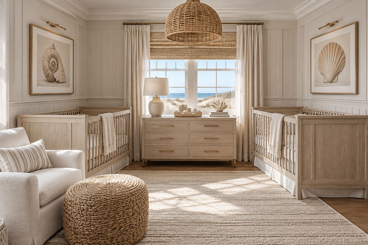 Neutral seaside twin nursery with two light wood cribs shell artwork woven textures soft ivory decor and ocean view