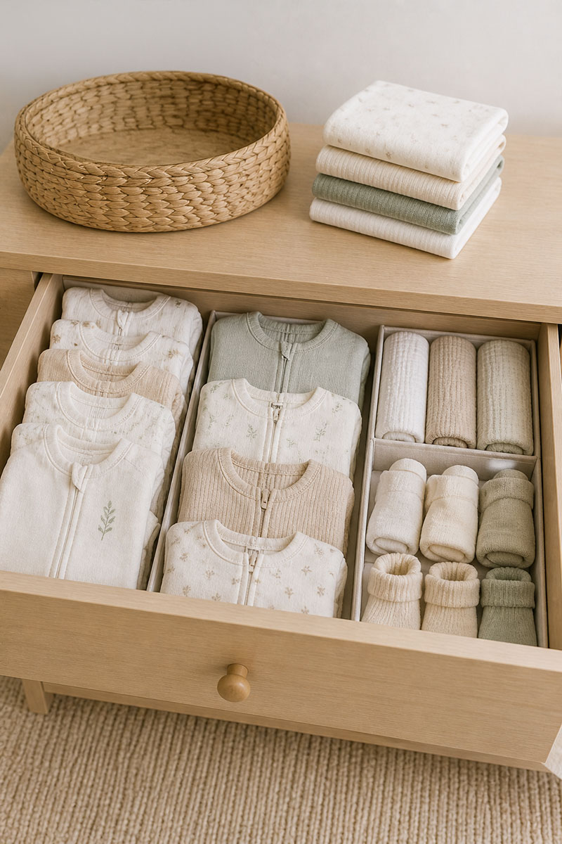 Organized newborn clothing drawer with sleepers and onesies folded neatly