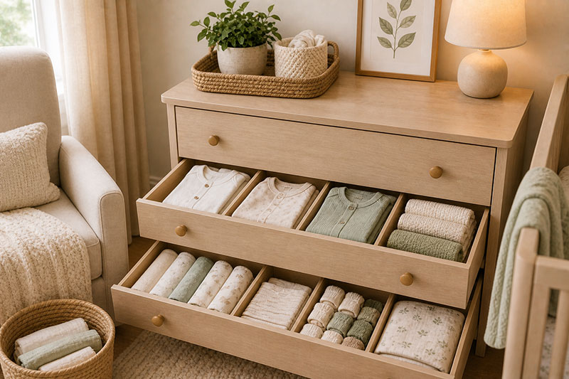 Simple newborn clothing storage with folded sleepers onesies and burp cloths