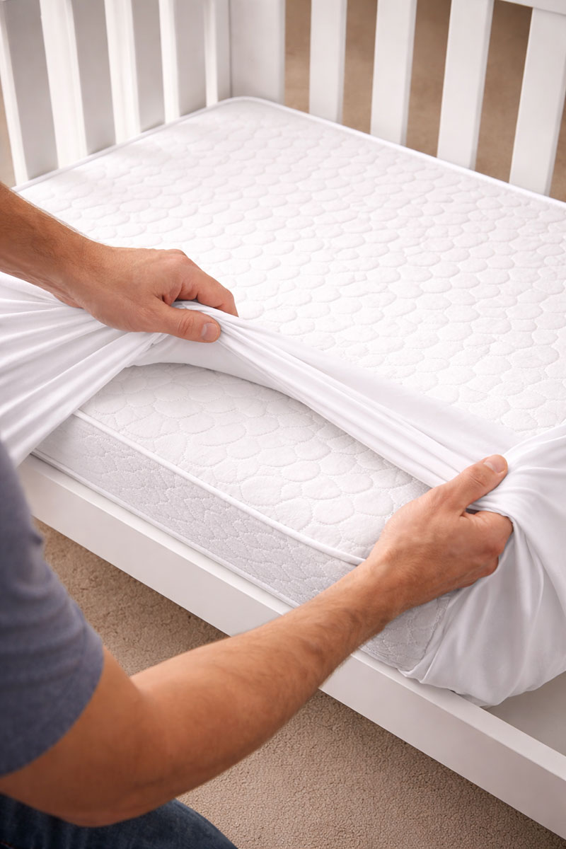 Top view of a crib mattress during a sheet change