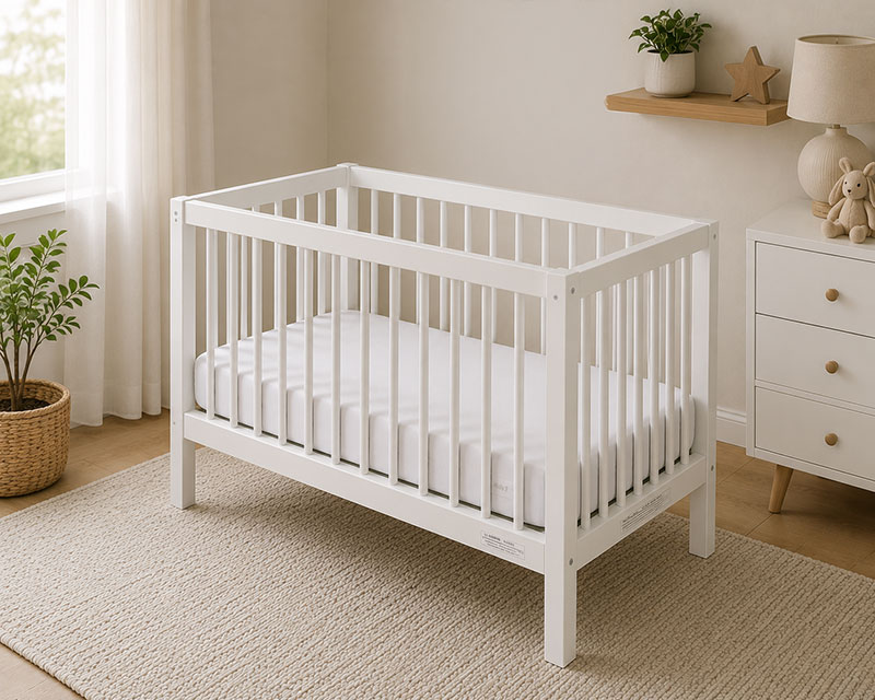 Side angle view of a firm crib mattress in a crib