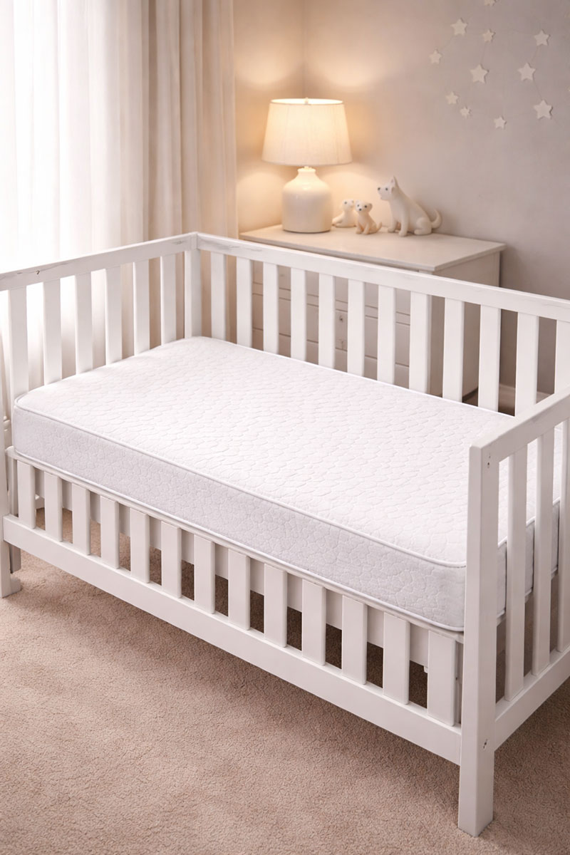 Side angle view of a firm crib mattress in a crib