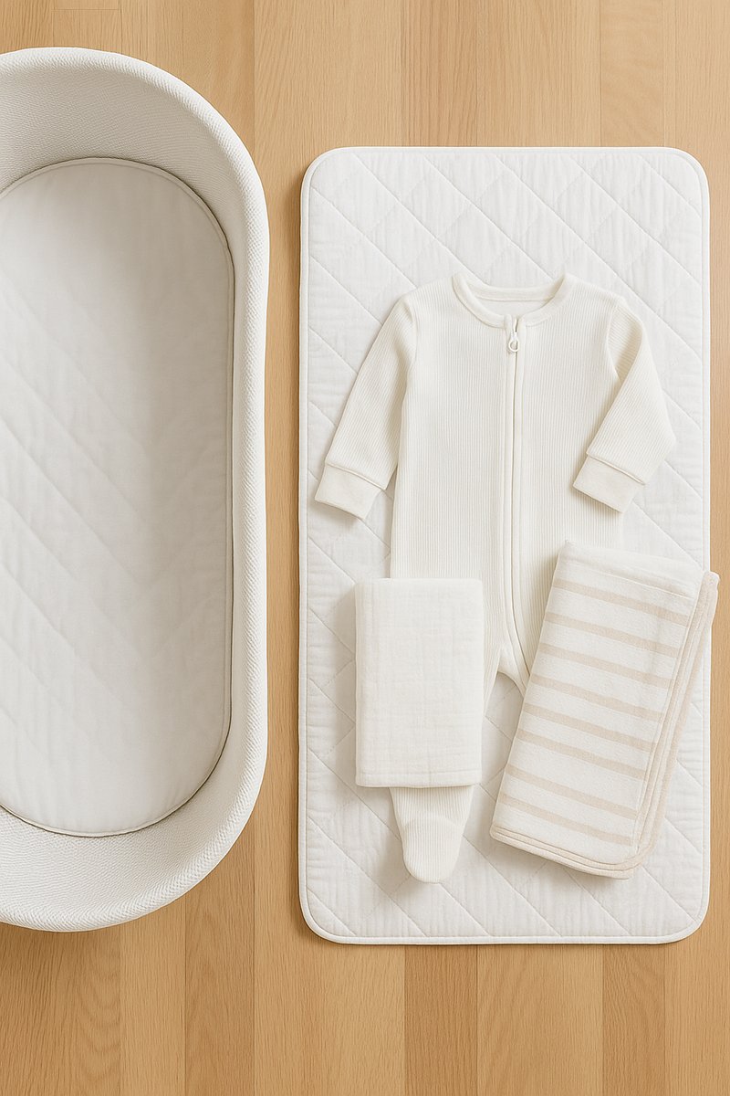 Simple newborn sleep essentials including a bassinet, swaddle, and fitted sheet