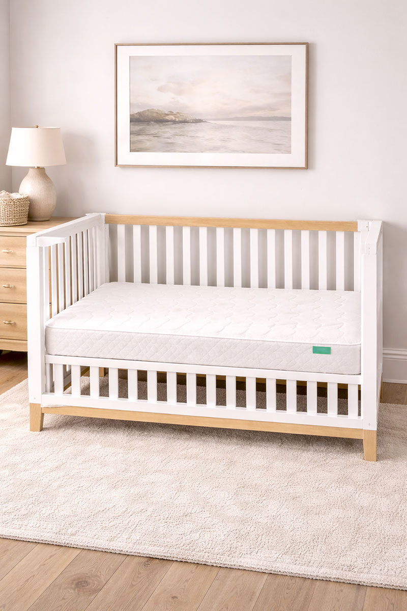 Modern neutral crib with a Newton style breathable crib mattress in a magazine quality nursery