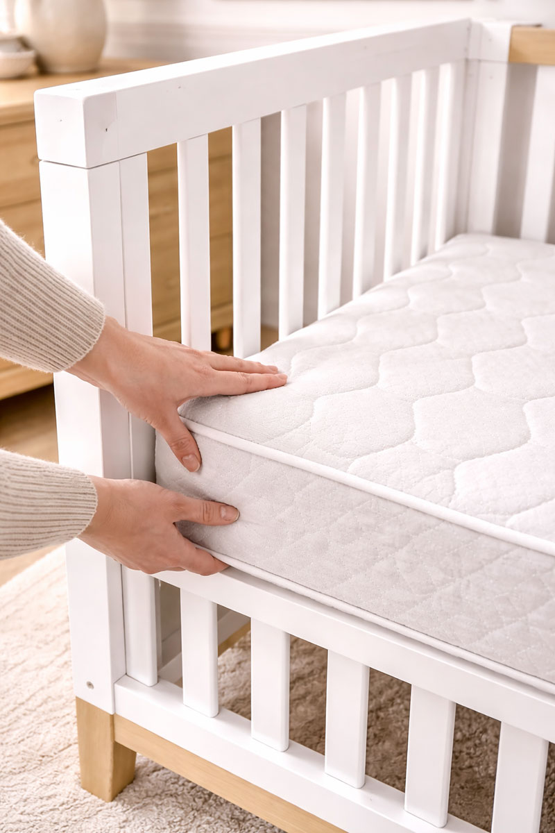 Crib mattress fit check in a standard baby crib with a clean modern nursery scene