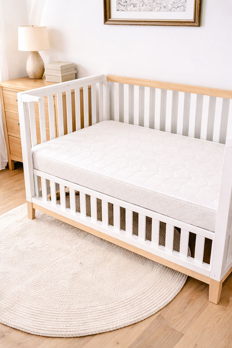 Newton crib mattress in a modern baby crib with a clean neutral nursery look