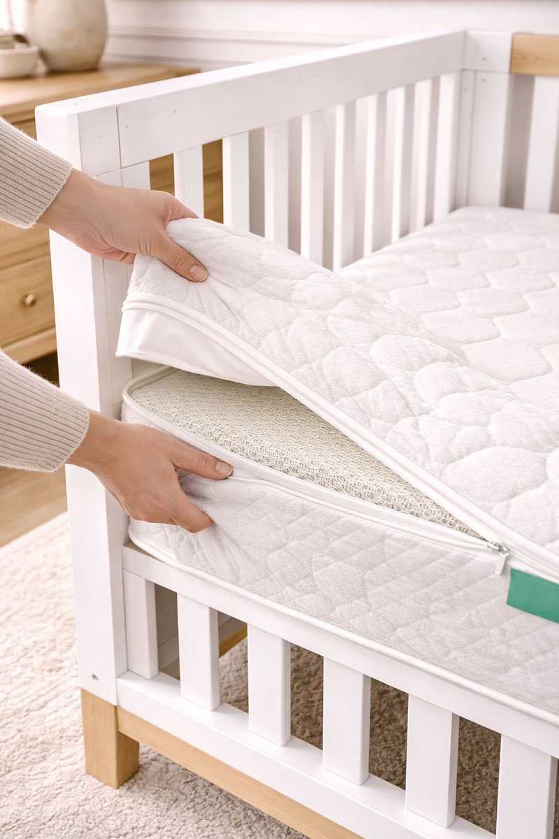 Washable crib mattress cover in a clean neutral nursery with modern magazine styling