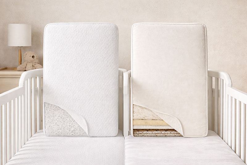 Newton vs Naturepedic crib mattress comparison in a neutral nursery with two infant mattress styles side by side
