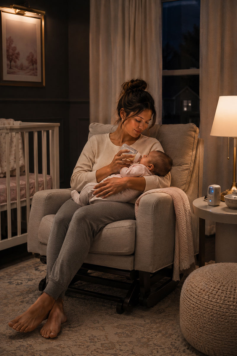 Night feeding setup with nursery chair beside crib