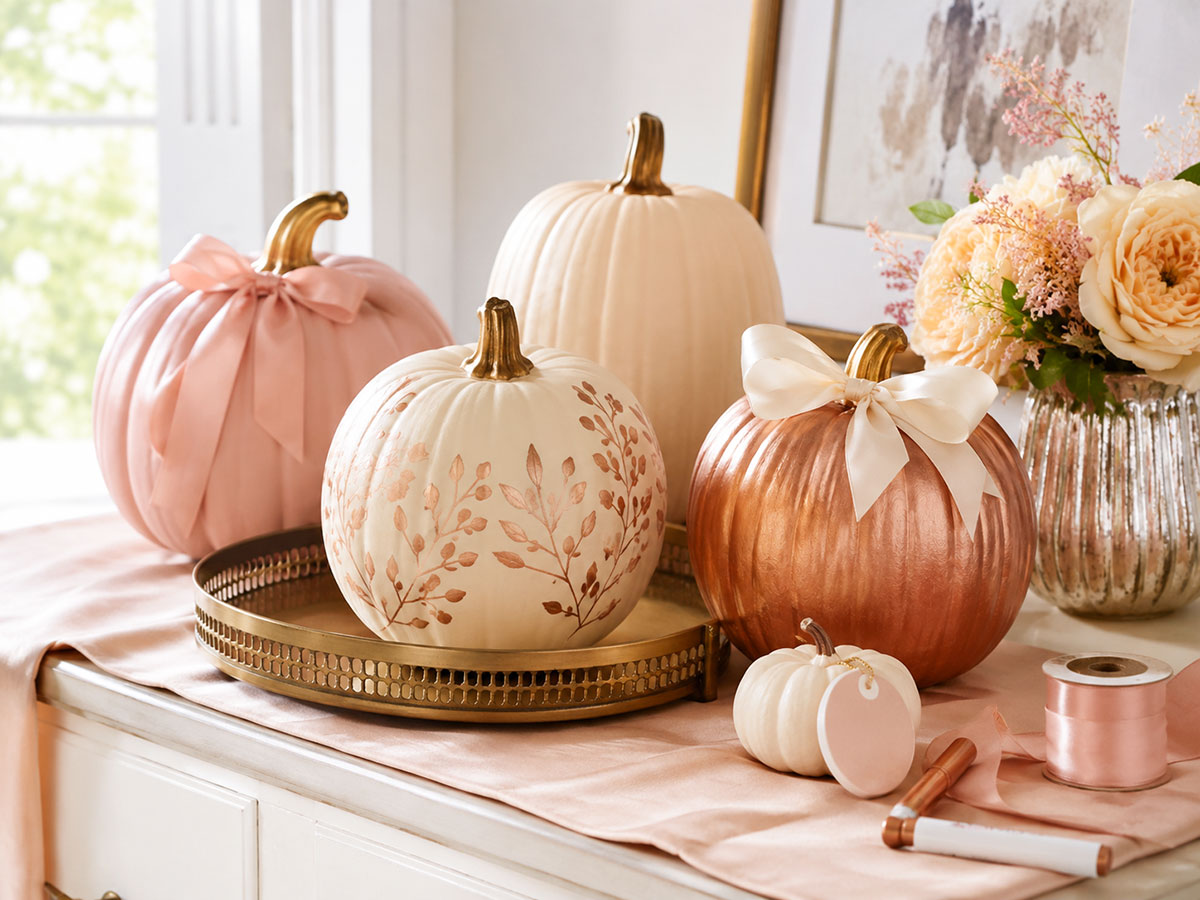 No-carve blush, ivory and copper pumpkins decorated with ribbon and hand-painted branches for a baby shower