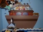 Custom painted Noahs Ark nursery wall mural with animals a rainbow and ocean waves
