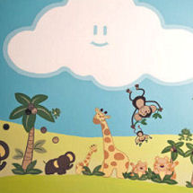 Baby nursery room wall mural design with Nojo Jungle Babies wall decals and painted clouds