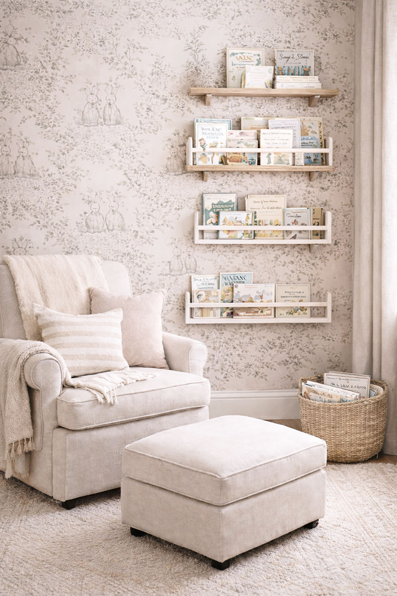 Modern nursery with wall-mounted and floating bookshelves styled safely above a crib, showing space-smart storage ideas for small rooms