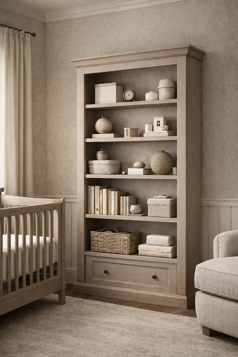 Safe nursery bookshelf anchored to the wall with baby books and simple decor in a neutral baby room