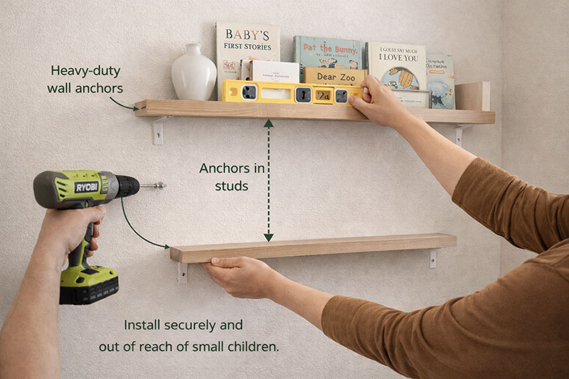 Securely mounted nursery bookshelf above upholstered chair