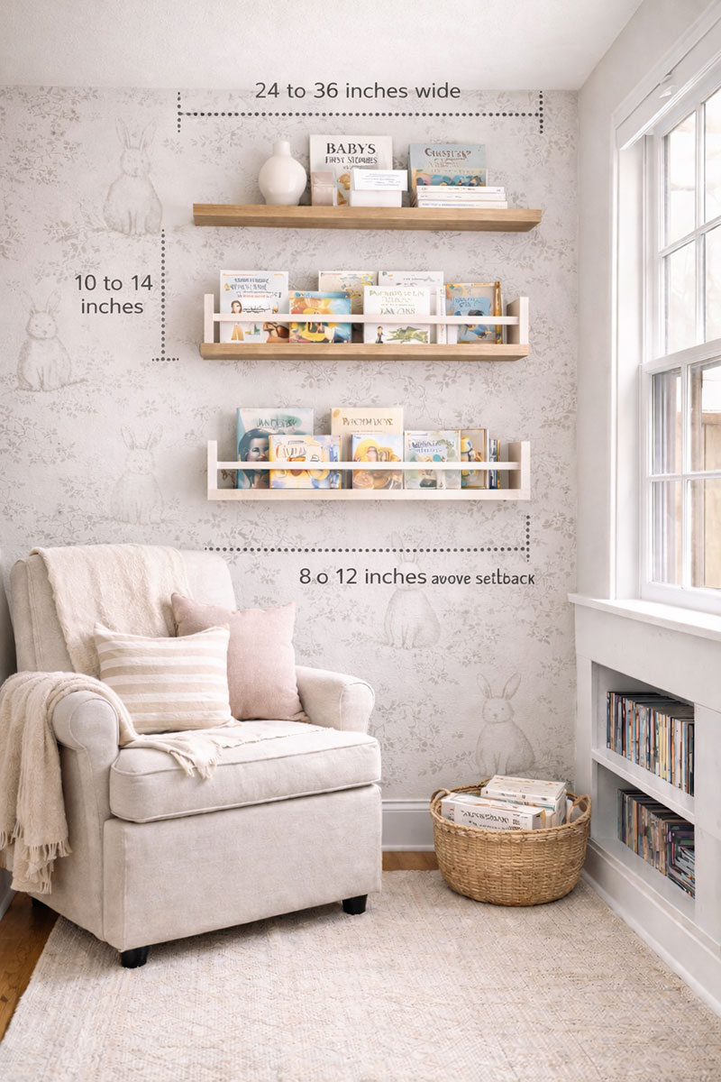 Nursery bookshelf height and spacing example above upholstered chair