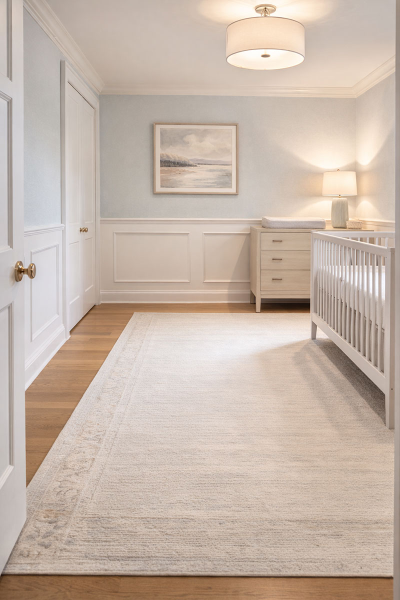 Open walking path from nursery door to crib and dresser without furniture blocking the route