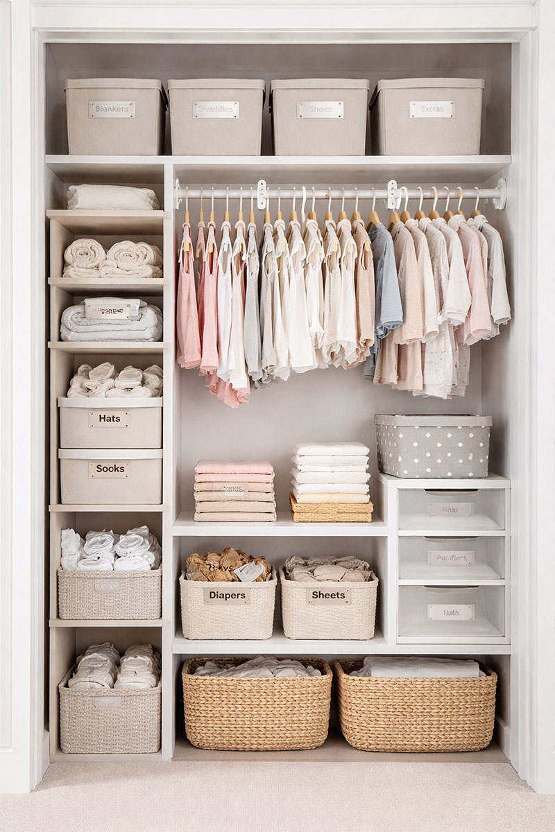 Nursery closet organizer with hanging shelves, labeled dividers, and storage bins in a small baby closet
